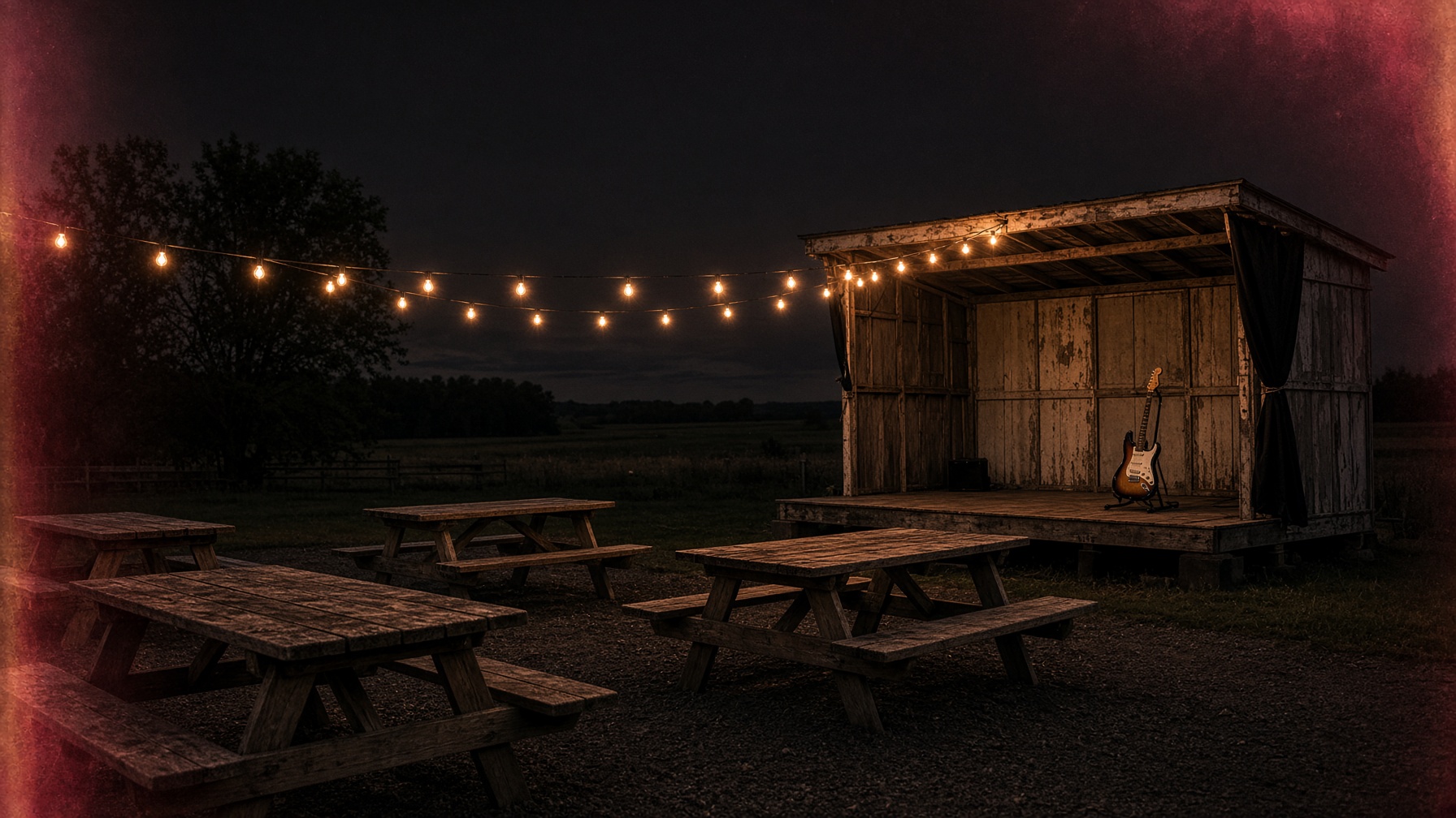 Empty picnic tables under string lights and a guitar on a small outdoor stage at night
